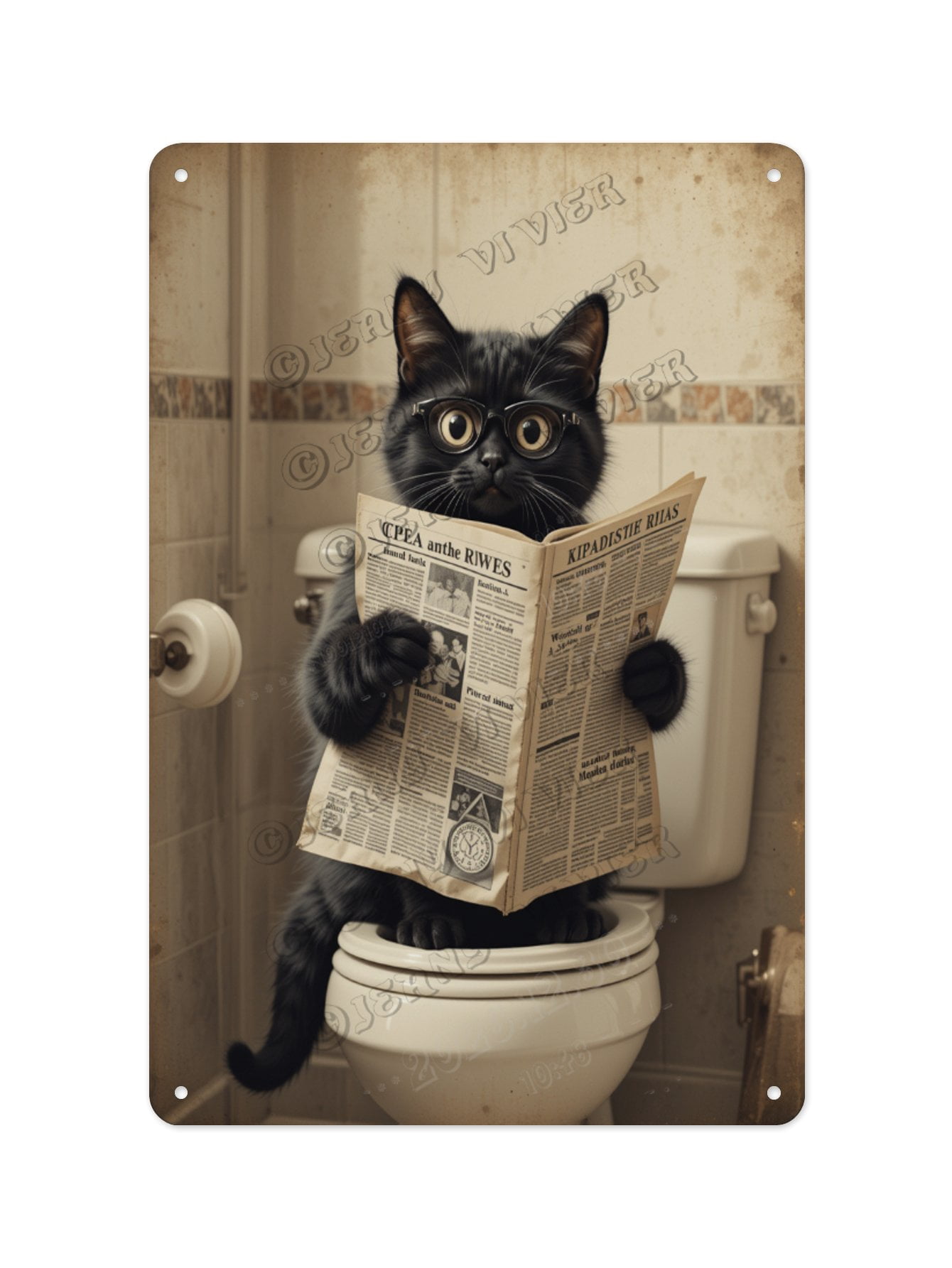 Cute Black Cat Reading Newspaper on the Toilet Metal Sign 12 x 16 ...