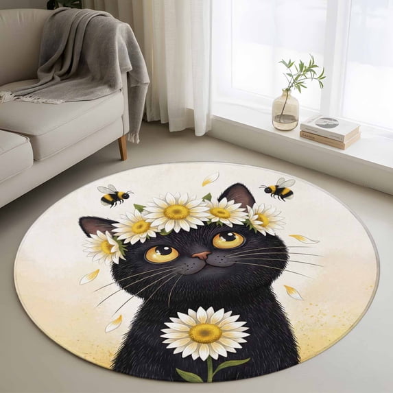 Cute Black Cat Round Area Rugs 3 ft, White Daisy Flower Bee Country ...