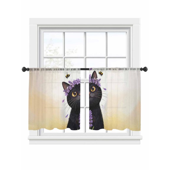 Cute Black Cat Sheer Curtains 2 Panels Set Purple Lavender Flower Bee Country Style Fields Sheer Window Curtains Light Filtering Rod Pocket Voile Drapes for Bedroom Living Room 52"x45"