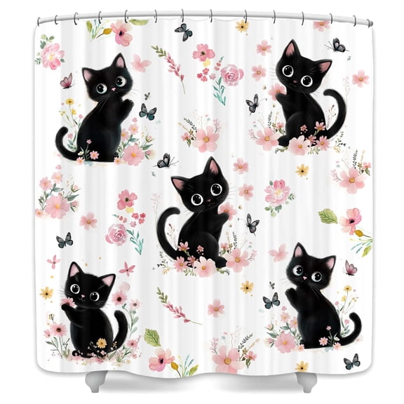 Cute Black Cat Shower Curtain,Funny Animal Cartoon Cat Pink Red Floral Bathtub Curtains,Modern Aesthetic Retro Rustic Bathroom Decor for Girls Women,69X70 in