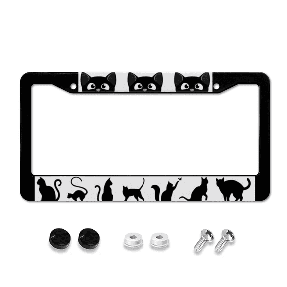 Cute Black Cat Silhouette Round Hole License Plate Frame with Mounting Hardware