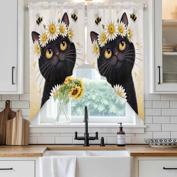 Cute Black Cat Swag Curtain Valance for Windows, White Daisy Flower Bee Country Fields Window Treatments Short Swag Topper for Kitchen Windows Bathroom Bedroom, 28"x36"