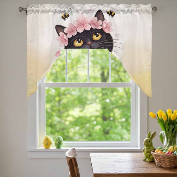 Cute Black Cat Swag Valances for Kitchen Window, Pink Flower Cherry Blossoms Bee Country Fields Small Swag Valances Rod Pocket Curtain Drapes Window Treatment for Bedroom Bathroom, 56x36 Inch