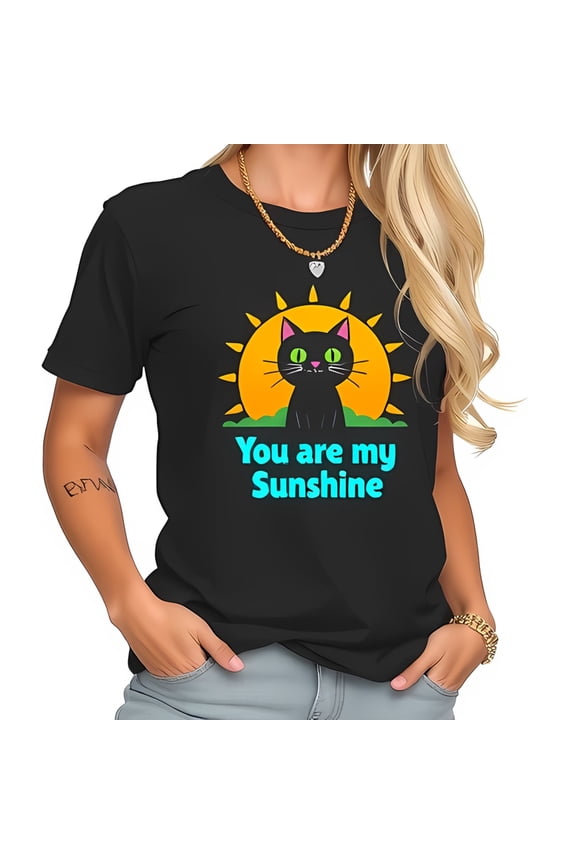Cute Black Cat T-Shirt with Orange Sun & 'You are my Sunshine' -All-cotton