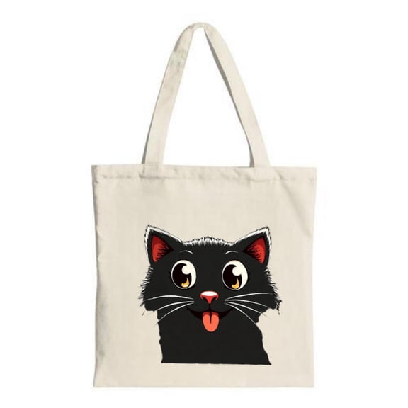 Cute Black Cat Tote Bag - Playful Design with Large Eyes & Tongue Out Perfect for Shopping Travel & Parties Reusable Canvas Bag