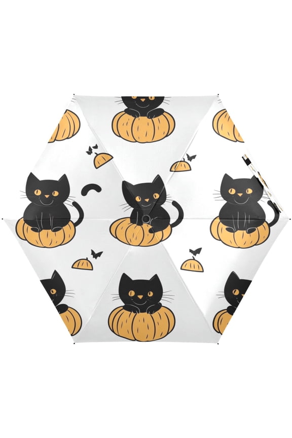 Cute Black Cat Umbrellas for Sun Auto Open Close UV50+ Waterproof 5-Fold Compact Fiberglass Frame