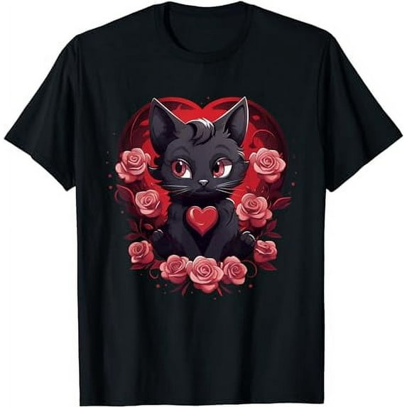 Cute Black Cat Valentines Day Heart Rose Cat Lovers Women T-Shirt