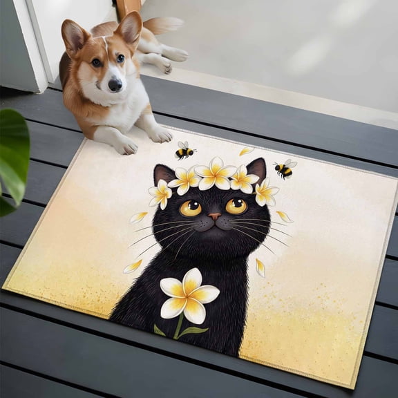 Cute Black Cat Washable Entry Rug 2x3 Yellow Flower Bee Country Style Fields Low Pile Indoor Door Mat with Rubber Backing Thin Area Rug for for Entrance, Bedroom, Kitchen, Laundry, Bathroom