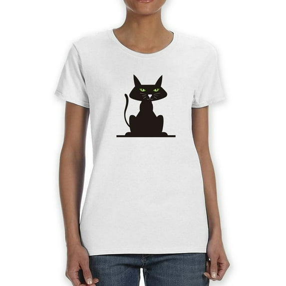 Cute Black Cat With Green Eyes Medium Front Graphic Women White T-Shirt, Female x-Large