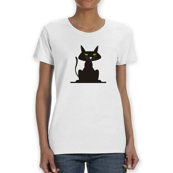 Cute Black Cat With Green Eyes Medium Front Graphic Women White T-Shirt, Female x-Large