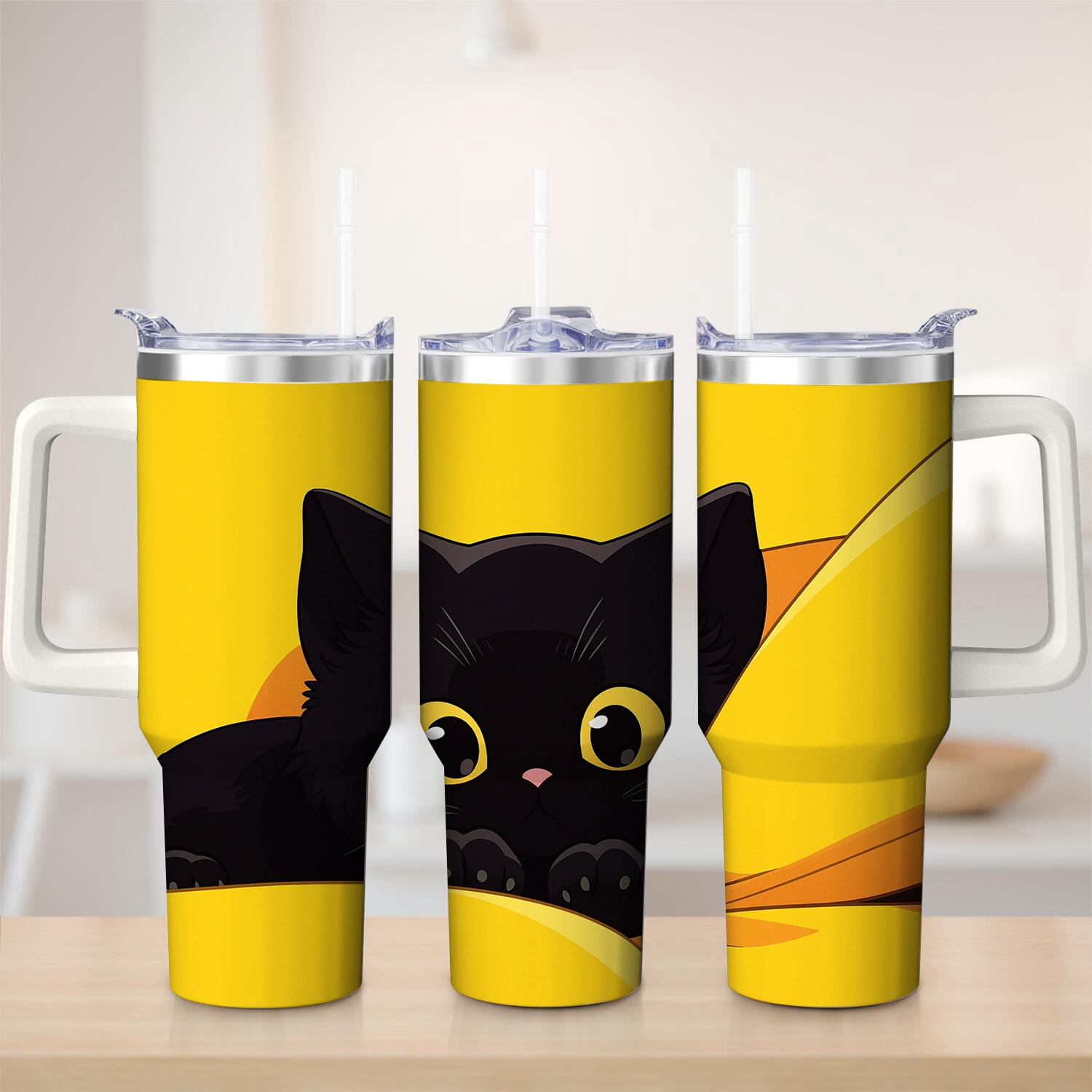 Cute Black Cat Yellow Background Stainless Steel Insulated Mug with Lid ...