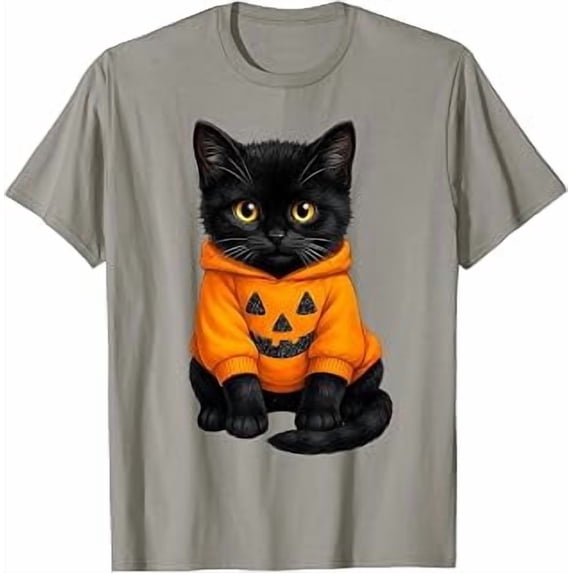 Cute Black Cat in Pumpkin Hoodie, Halloween, Spooky Animal Graphic, Short Sleeve T-Shirt