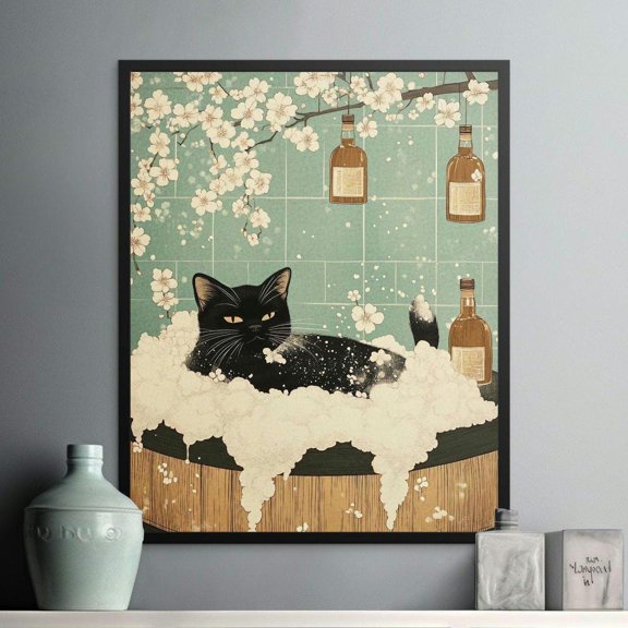 Cute Black Cat in a Bath Illustration, Japanese Style Poster, Cherry Blossoms Wall Art, Cat Lover Gift, Cozy Home Decor, Bathroom Print Gift, 8x12