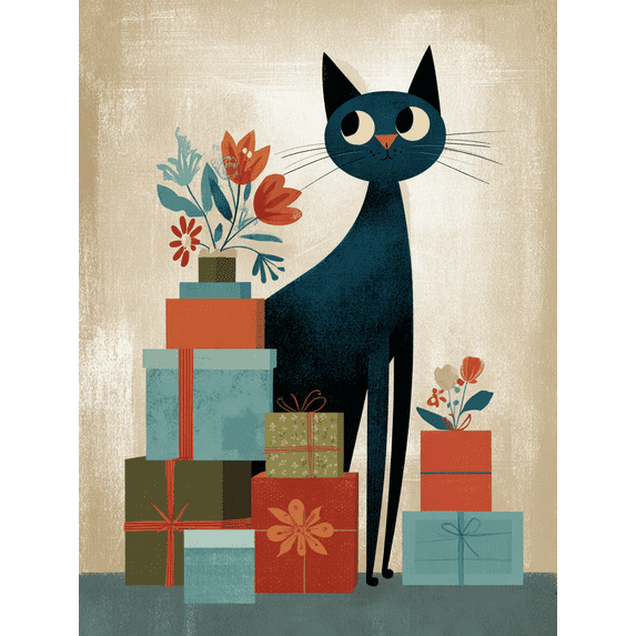 Cute Black Cat with Gifts and Flowers Canvas Print, Wall Art for Living Room, Bedroom, Kitchen, Office, Dining Room, Home