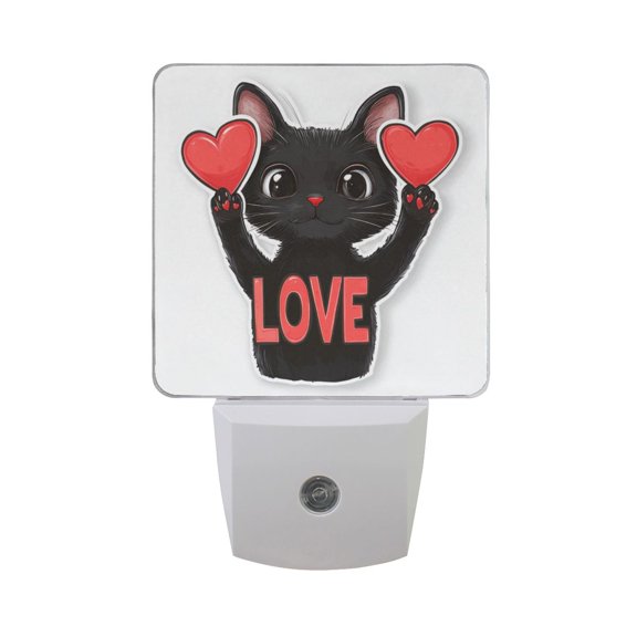 Cute Black Cat with Hearts Love Valentine LED Night Light with Smart Sensor Plug Into Wall Dusk to Dawn 2 packs