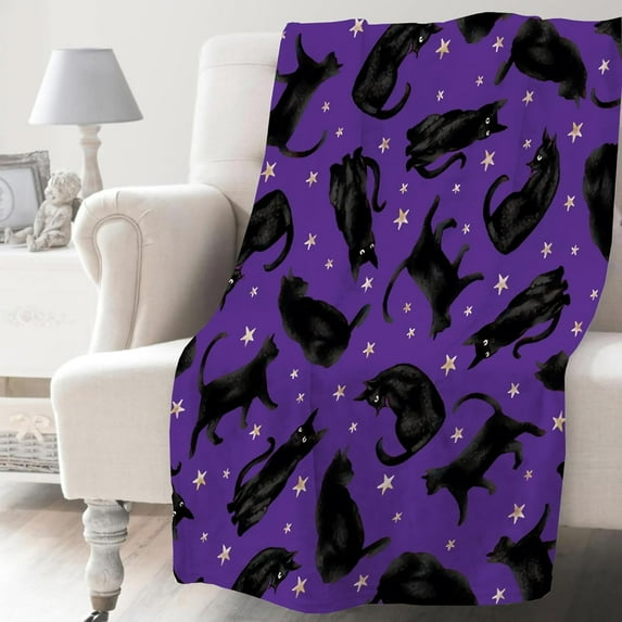 Cute Black Cats Blanket Gifts for Cat Lovers Girl, Stars Plush Moon Halloween Throw Blankets for Women Lightweight Flannel Fleece Christmas Bedding for Chair Bed Couch for Teens 60x50In