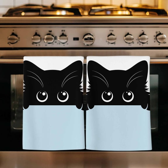Cute Black Cats Kitchen Towels Set of 3, Cartoons Funny Cats Watercolor Absorbent Dish Towels for Kitchen, Microfiber Hand Towel, Quick Drying Tea Towel for Cleaning Decorative Dishcloths