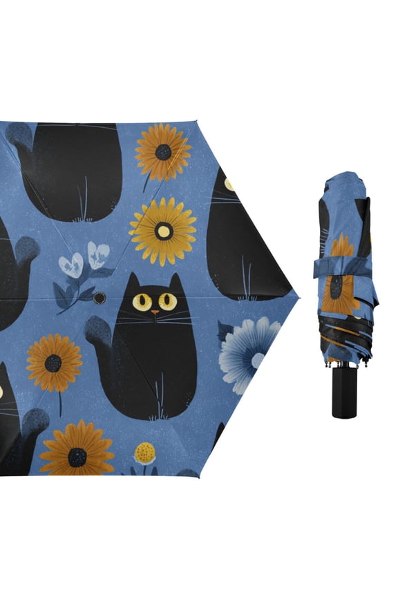 Cute Black Cats Orange Blue Flowers All Weather Umbrella Triple Folding Parasol 6 Ribs UV Protection Portable