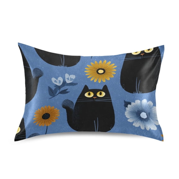 Cute Black Cats Orange Blue Flowers Satin Pillowcase Envelope Design Pillow Covers 1 Pack Standard Size 20" x 26"