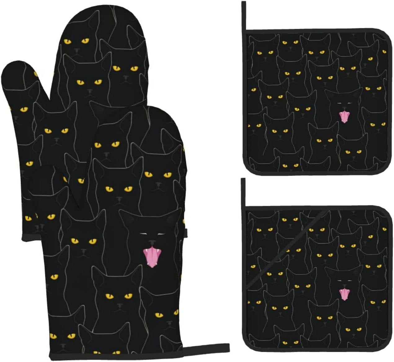 Cute Black Cats Oven Mitts and Pot Holders Sets of 4，Heat Resistant Kitchen Microwave Gloves Non-Slip Pot Pads for Grilling Baking Cooking BBQ