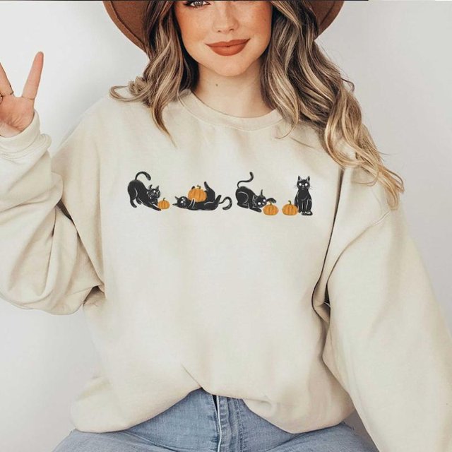 Cute Black Cats on Pumpkin Sweat. Sweater for fall. Cute Black Cat