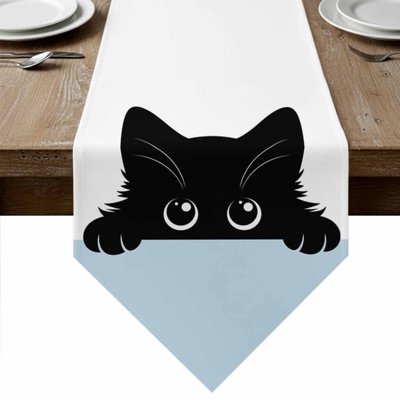 Cute Black Cats Table Runner Linen Burlap Table Runner 36 Inches Small Cartoons Funny Cats Watercolor Dresser Scarves for Kitchen Island Coffee Dining Room Party Wedding Banquet Holiday Decor 13"x36"