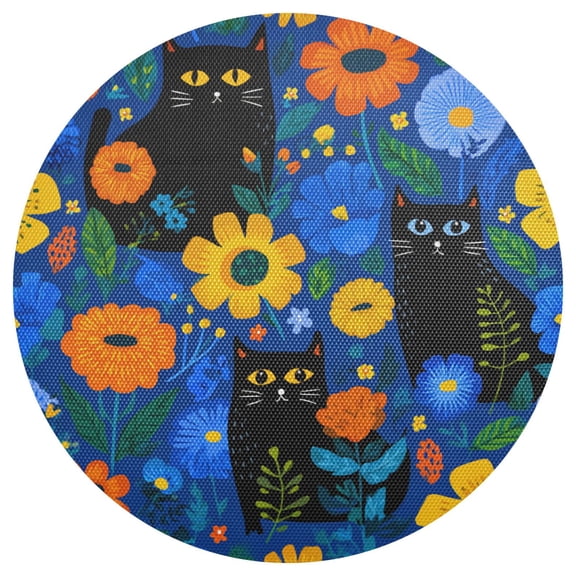 Cute Black Cats in Colorful Flowers PVC Round Grid Placemat Table Mat 1 Pc 15.4" x 15.4"