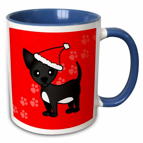 3drose, Cute Black Chihuahua Red with Santa Hat, 11oz Two-tone Blue Mug