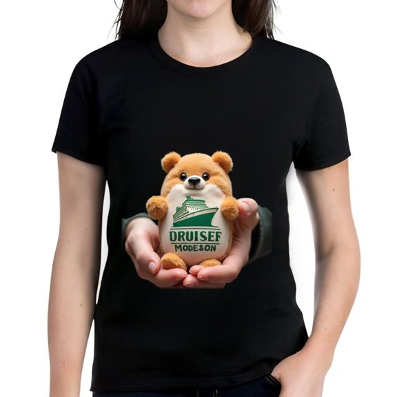 Cute Black Cotton Short Sleeve T-Shirt with Bear Holding 'DRUISEF HOBEBON' Round Object Design