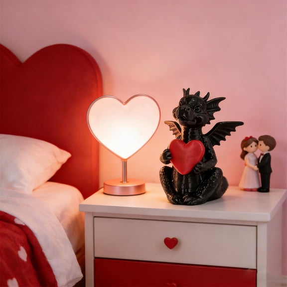 Cute Black Dragon Hugging Red Heart Resin Decor - Valentine's Day Desktop Ornament for Home Office Bookshelf
