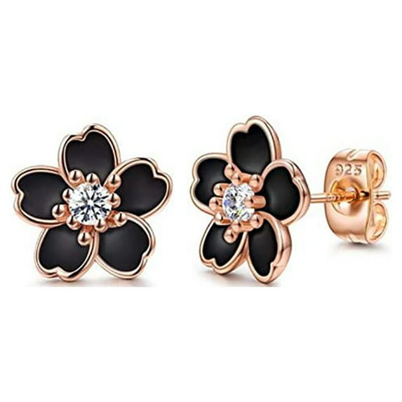 Cute Black Flower CZ Stud Earrings for Women Cartilage Cherry Blossom Small Studs Earring
