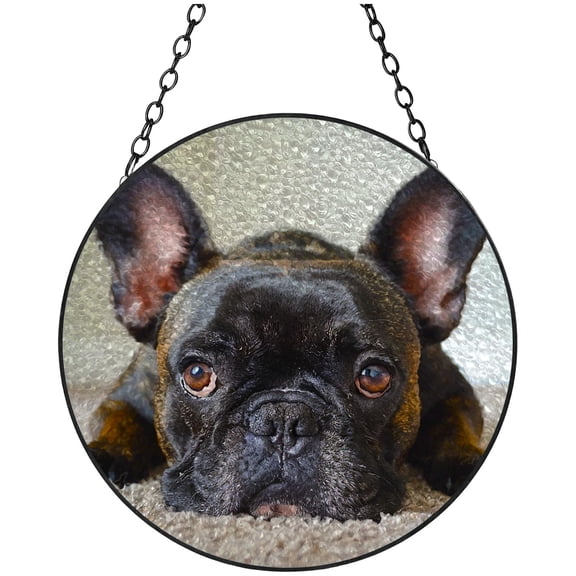 Cute Black French Bulldog Prostrate Stained Glass Suncatcher Handmade Window Hanging Colored Glass Suncatcher Crafts Kits for Indoor Garden Decor Memorial Gift 16x16cm