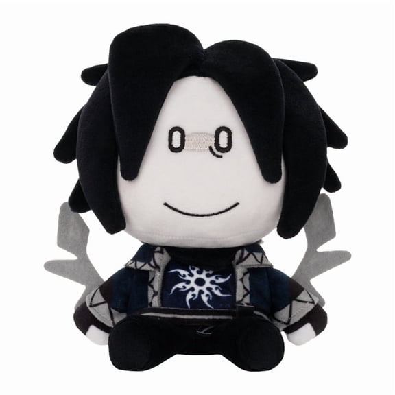 Cute Black-Haired Character Plush Toy, Soft Stuffed Doll with Embroidered Sun Pattern, 7.5 Inch Sitting Figure, Collectible Gift for Fans and Kids