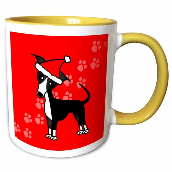 3drose, Cute Black Italian Greyhound Red with Santa Hat, 15oz Two-tone Yellow Mug