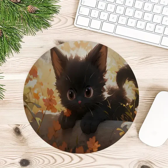 Cute Black Kitten Round Mouse Pad, 7.8" Non-Slip Rubber Base Mousepad with Floral Art Design for Office, Gaming, Home Desk Decor