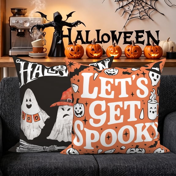 Cute Black Orange Halloween Pillow Covers 18x18 Set of 2 Double-Sided Cartoon Ghost Bat Pumpkin Cushion Cases