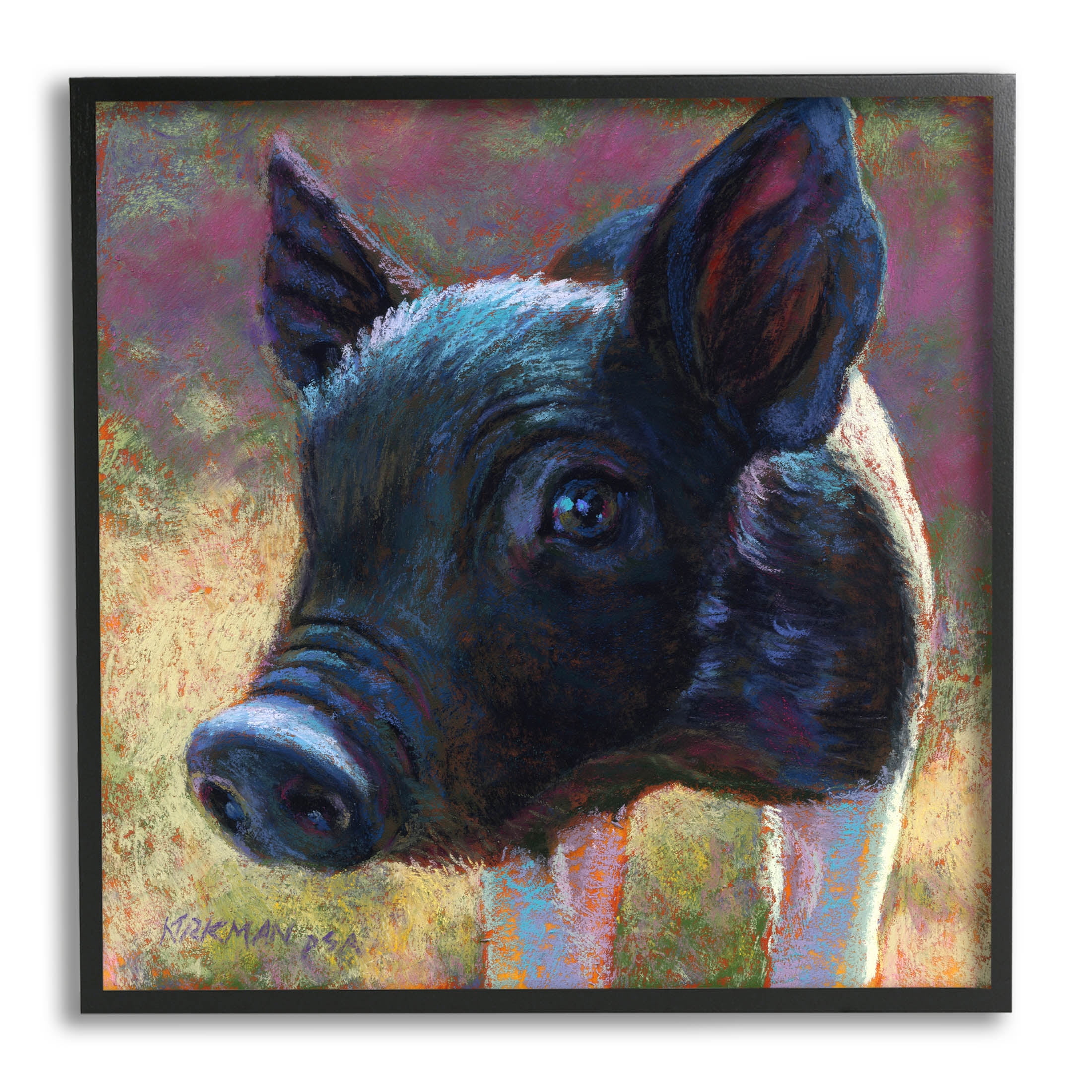 Cute Black Pig Close Up Portrait Animals & Insects Painting Black Framed Art Print Wall Art