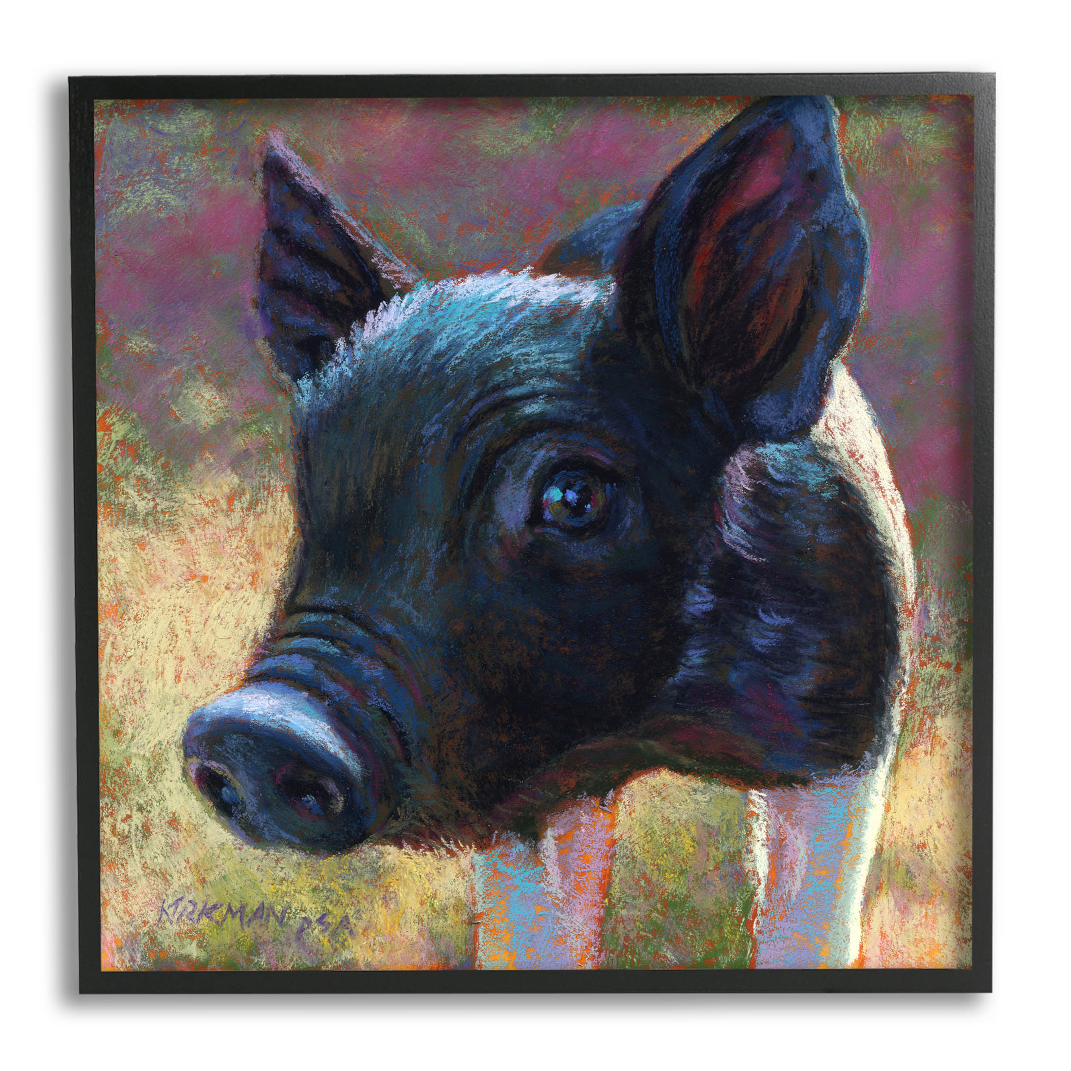 Cute Black Pig Close Up Portrait Animals & Insects Painting Black Framed Art Print Wall Art