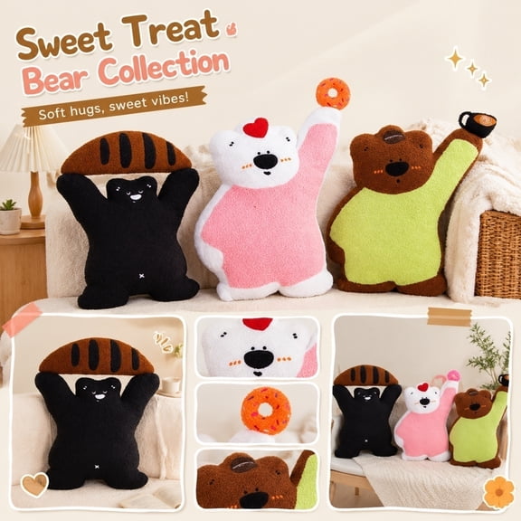 Cute Black Plush Bear Stuffed Animal with Orange Dessert Head, Soft Huggable Pillow Toy for Kids Adults, Adorable Decor Gift for Bed Car Travel Camping, Cotton