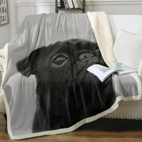 Cute Black Pug Blanket Sherpa Throw Blanket Kids Boys Puppy Dog Super Fleece Plush Reversible Blanket for Couch Bed Sofa Travelling Camping Adults Men (Twin 60"x80")