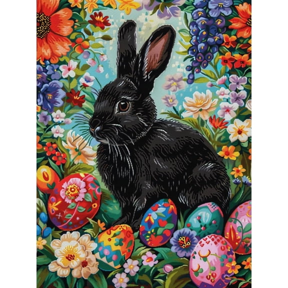 Cute Black Rabbit in Colorful Flowers Easter Eggs DIY 11CT Stamped Cross Stitch Kits for Beginners Easy Needlepoint Embroidery Counted Cross Stitch Art Craft for Wall Decoration 12x16inch(4)