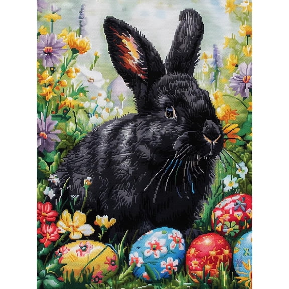 Cute Black Rabbit in Colorful Flowers Easter Eggs DIY 11CT Stamped Cross Stitch Kits for Beginners Easy Needlepoint Embroidery Counted Cross Stitch Art Craft for Wall Decoration 12x16inch(5)