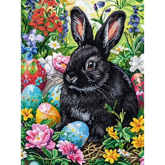 Cute Black Rabbit in Colorful Flowers Easter Eggs DIY 11CT Stamped Cross Stitch Kits for Beginners Easy Needlepoint Embroidery Counted Cross Stitch Art Craft for Wall Decoration 12x16inch(6)