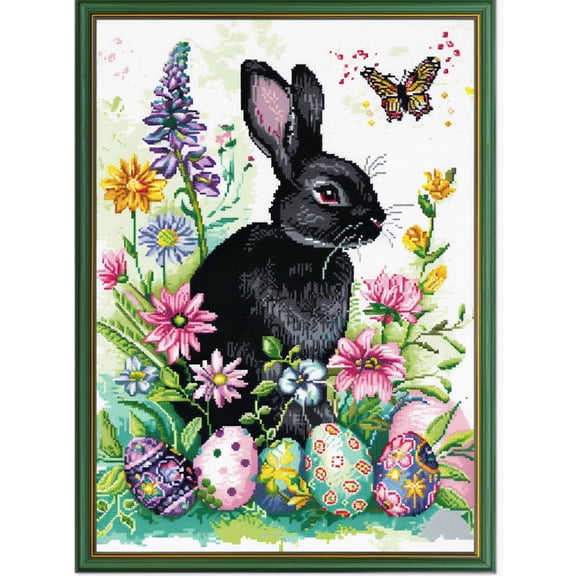 Cute Black Rabbit in Colorful Flowers Easter Eggs DIY 11CT Stamped Cross Stitch Kits for Beginners Easy Needlepoint Embroidery Counted Cross Stitch Art Craft for Wall Decoration 12x16inch(1)
