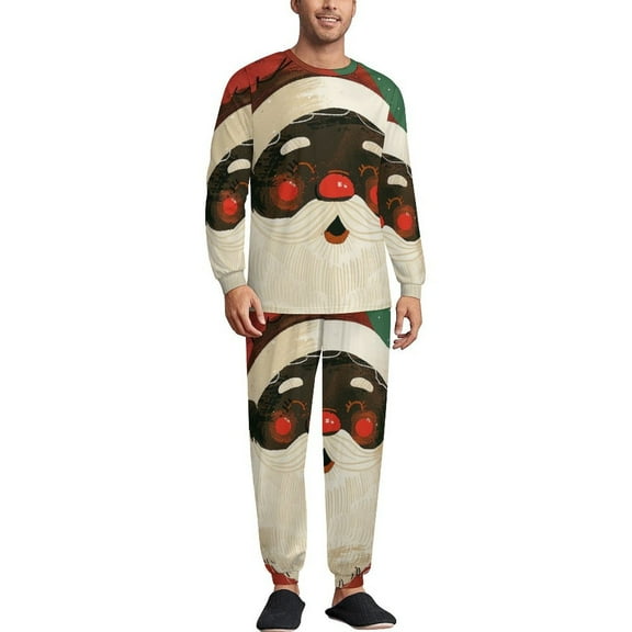 Cute Black Santa Men's Pajama Set Sleepwear Pjs Lightweight Long Sleeve Crewneck Shirts and Bottoms Soft Comfy Sleep Sets XL
