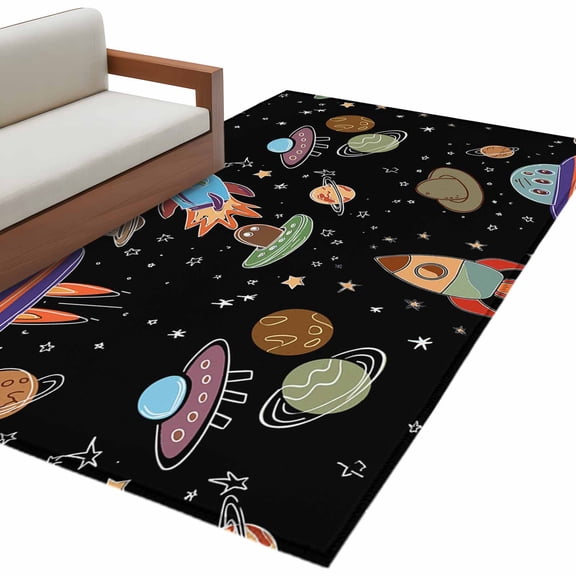 Cute Black Space Area Rug 4x6 Washable Rug Non Slip Star Cartoon Spaceship Planet Large Area Rug Indoor Floor Carpet for Entryway Bedroom Kitchen Living Room Home Office Dining Room Nursery
