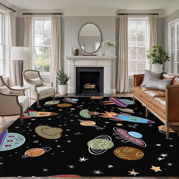Cute Black Space Area Rugs 5'x8', Washable Small Throw Rugs for Classroom Bedroom, Star Cartoon Spaceship Planet Indoor Outdoor Rug Non-Slip Low Pile Carpet Runner Reversible Floor Mats