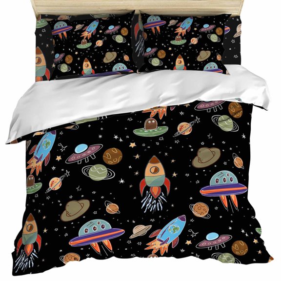Cute Black Space Set of 4 Bedding Quilt Covers, Star Cartoon Spaceship Planet 4-Piece Bed Sheet Set with Extra Soft Bed Sheets Quilt Cover Pillowcase, California King