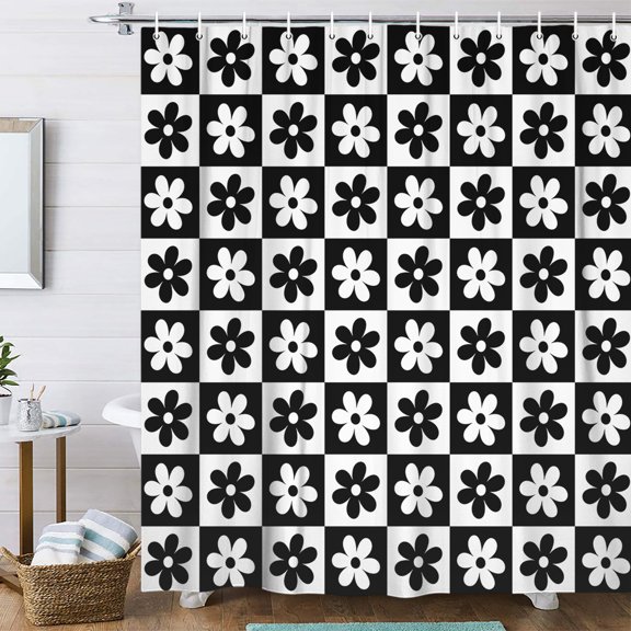 Cute Black and White Aesthetic Shower Curtain, Fun Eclectic Retro Floral Checkered trendy Groovy 70S Shower Curtain, Preppy Funky Modern Hippie Boho Floral Fabric Y2K Shower Curtain with Hook, 70X70IN