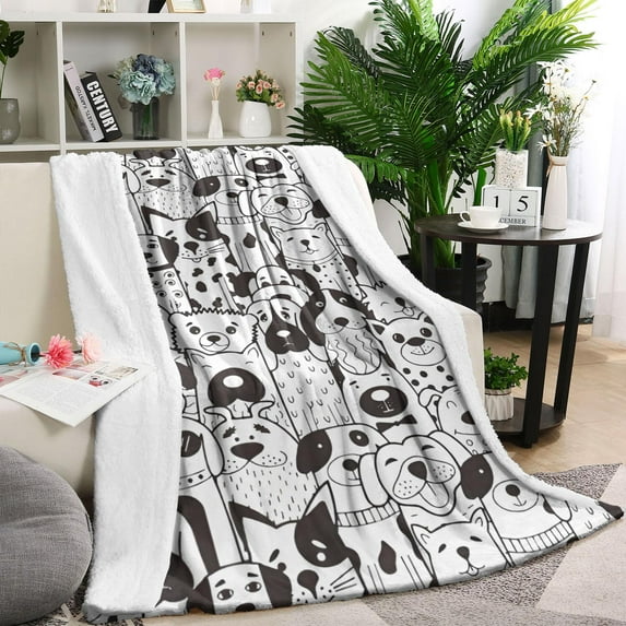 Cute Black and White Cartoon Line Drawing Dog Blanket,Comfortable Soft Flannel Throw Blanket,All Season,Warm Lightweight Blankets for Sofa Bed Couch Living Room Chair,40"x50"(100x130cm)